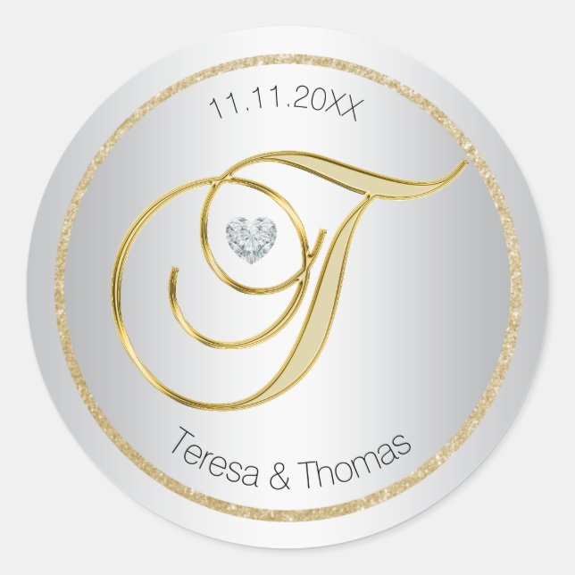 Adesivo Redondo Selo de Envelope de Casamento de Monograma Dourado (Frente)