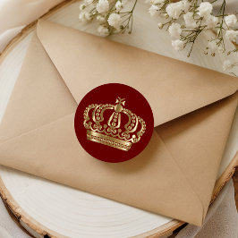 Adesivo Redondo Selo de Envelope de Coroa Ornamentada Dourada Verm