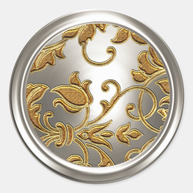 Adesivo Redondo Selo de envelope de Damasco Dourado e Prateado (Frente)
