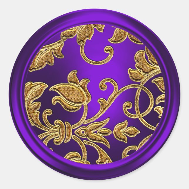 Adesivo Redondo Selo de envelope de Damasco Dourado e Roxo (Frente)
