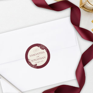 Adesivo Redondo Selo de Envelope de Noiva Floral Burgundy Profundo