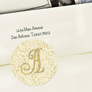 Adesivo Redondo Selo de Envelope de Renda com Monograma Dourado