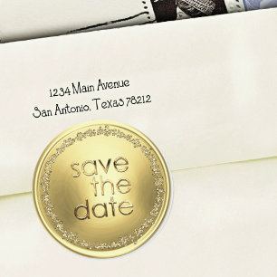 Adesivo Redondo Selo de Envelope de Salve a Data Dourado