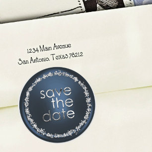 Adesivo Redondo Selo de Envelope de Save the Date Azul Marinho Pra