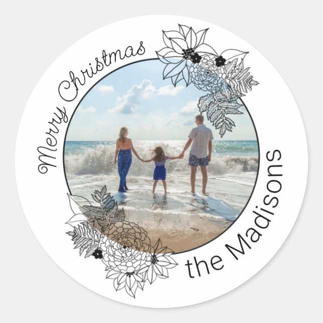 Adesivo Redondo Selo de Envelope do Círculo Floral Feliz de Natal (Frente)