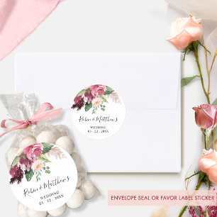 Adesivo Redondo Selo de Envelope / Favor Floral Rosa e Borgonha