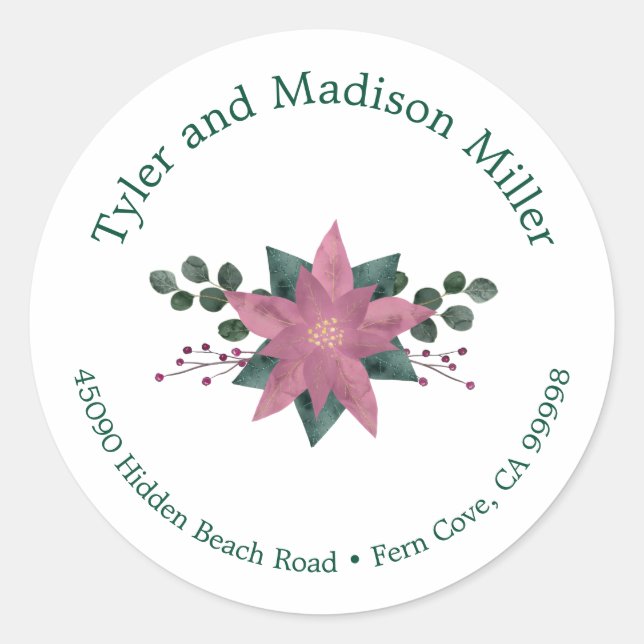 Adesivo Redondo Selo de Envelope Feriado Rustic Pink Poinsettia Bl (Frente)