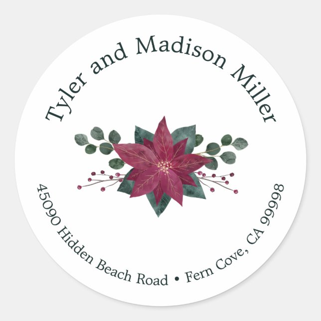 Adesivo Redondo Selo de Envelope Feriado Rustic Red Poinsettia Blo (Frente)