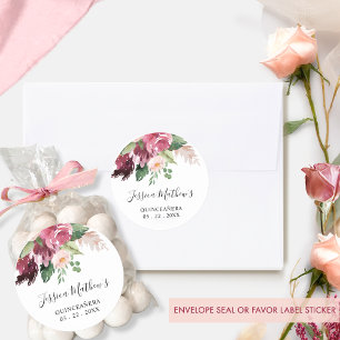 Adesivo Redondo Selo de Envelope Floral Rosa e Borgonha / Favorito