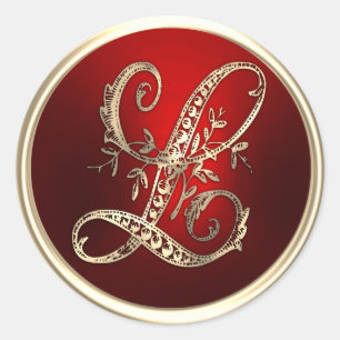 Adesivo Redondo Selo de Envelope L Monograma Dourado e Vermelho