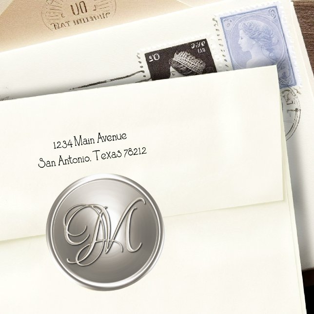 Adesivo Redondo Selo de Envelope M de Silver Monograma (Criador carregado)