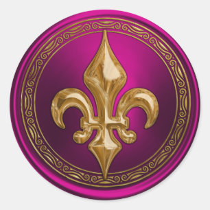 Adesivo Redondo Selo de Envelope Magenta e Dourada Fleur de Lis