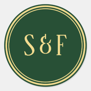 Adesivo Redondo Selo de Envelope Monograma Verde e Dourado