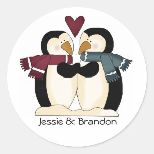 Adesivo Redondo Selo de Envelope Pinguins de Casamento Bonito