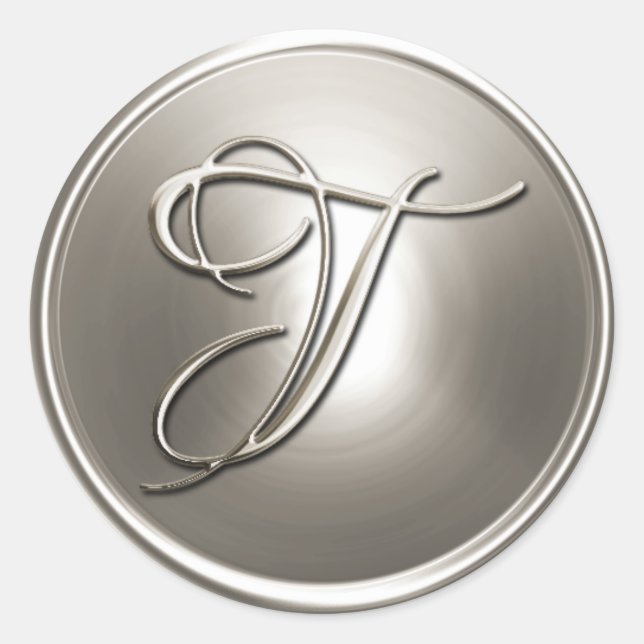 Adesivo Redondo Selo de Envelope T Monograma de Prata (Frente)