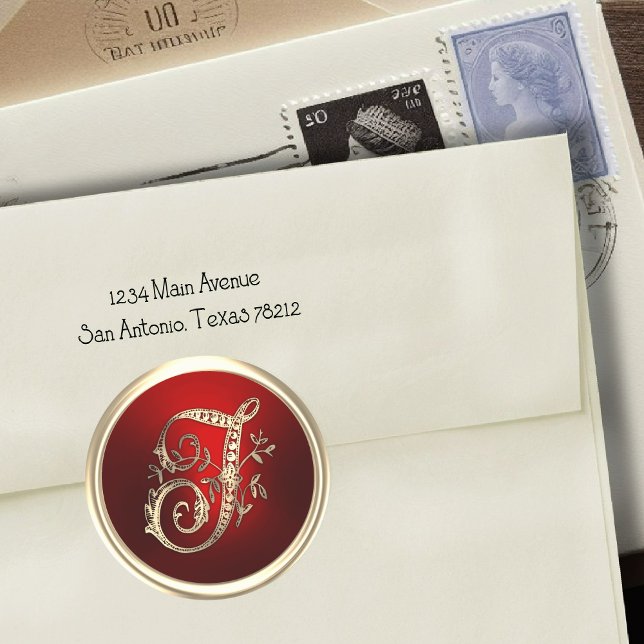 Adesivo Redondo Selo de Envelope T Monograma Dourado e Vermelho (Criador carregado)