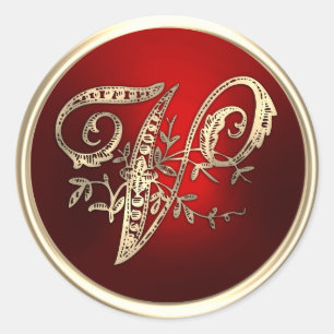 Adesivo Redondo Selo de envelope V monograma Dourado e vermelho