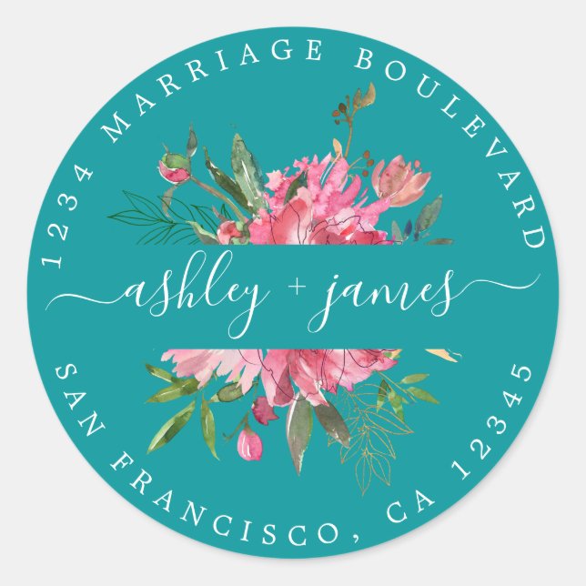 Adesivo Redondo Selo de Envelope Verde com Retorno Floral Rosa (Frente)