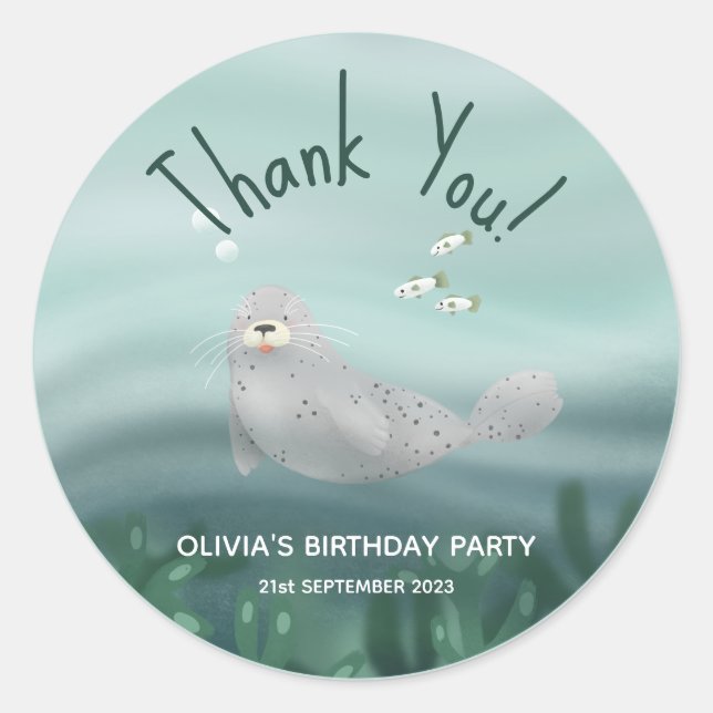 Adesivo Redondo Selo Do Oceano Cento Obrigado Aniversário de crian (Frente)