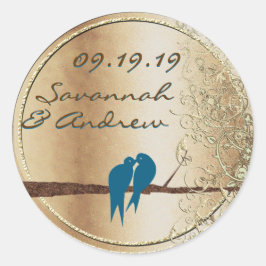 Adesivo Redondo Selo Dourado de Casamento de Pássaro Teal Love