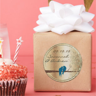 Adesivo Redondo Selo Dourado de Casamento de Pássaro Teal Love