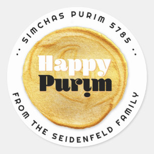 Adesivo Redondo Selo Dourado Elegante de Purim Feliz