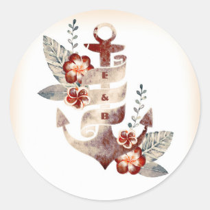 Adesivo Redondo Selo floral do casamento da âncora da praia