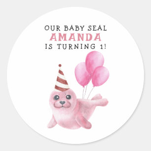 Adesivo Redondo Selo Rosa Aniversário de 1 ano Sob o Mar