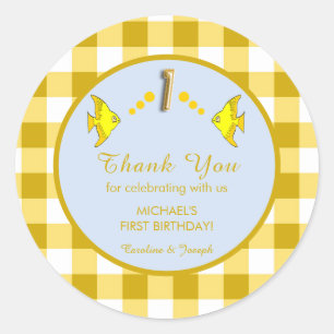 Adesivo Redondo Selos de agradecimento de peixe gingham amarelo de
