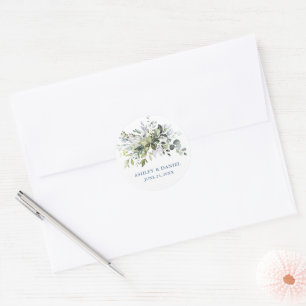 Adesivo Redondo Selos de Envelope Azul de Casamento Elegante Verde