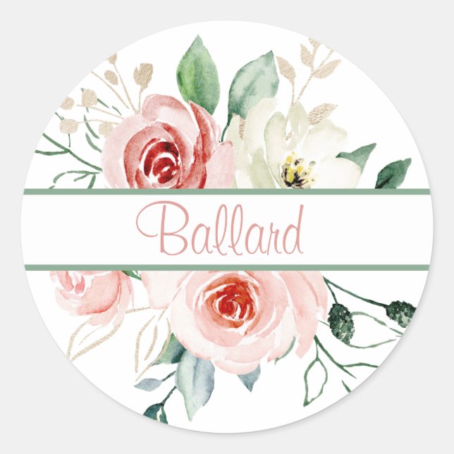 Adesivo Redondo Selos de Envelope de Nome Personalizado Rosa Rosa  (Frente)