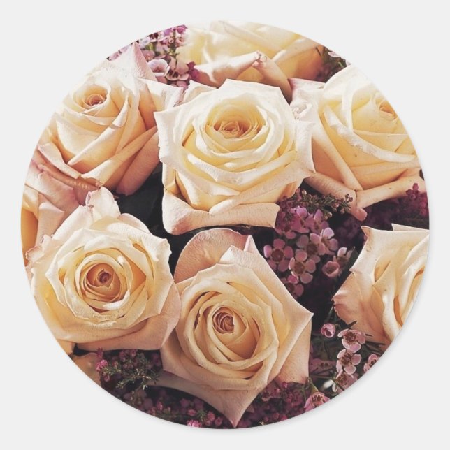 Adesivo Redondo Selos de envelopes Florais, brancos e roxos (Frente)