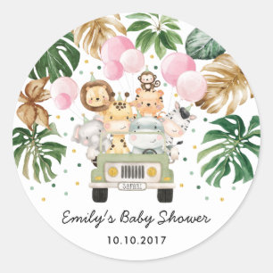 Adesivo Redondo Selva Safari Animais Greeneram Balões Rosa Bebê
