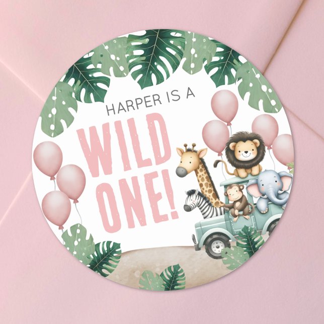 Adesivo Redondo Selvagem Rosa Safari 1º Aniversário (Wild One Pink Safari 1st Birthday Classic Round Sticker)