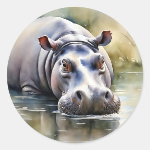 Adesivo Redondo Selvagem Serenity Watercolor Hippo