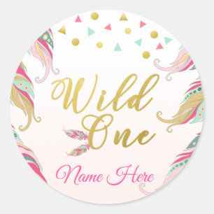 Adesivo Redondo Selvagem - Um Dourado Pink Green Feather Sticker