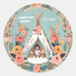 Adesivo Redondo Selvagem Um   Floral Teepee First Birthday Sticker