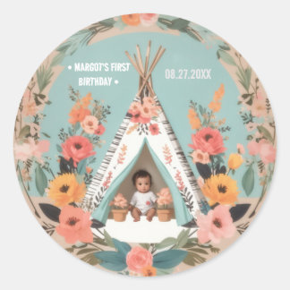 Adesivo Redondo Selvagem Um | Floral Teepee First Birthday Sticker