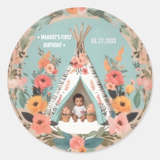 Adesivo Redondo Selvagem Um | Floral Teepee First Birthday Sticker (Frente)