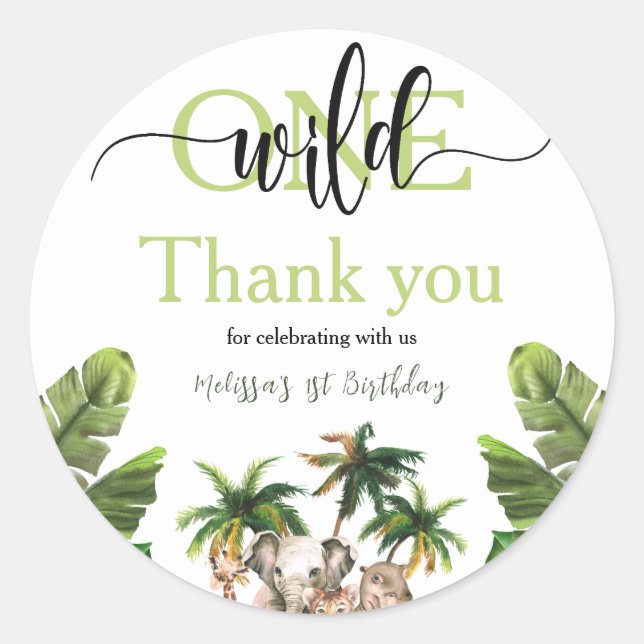 Adesivo Redondo Selvagem Uma Primeira Festa de aniversário De Anim (Frente)