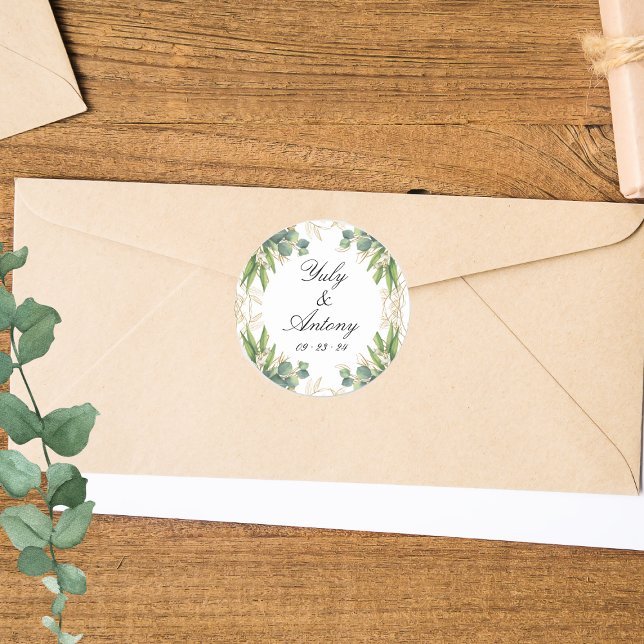 Adesivo Redondo Selvagem Verde Deixa Vinhetas Modernas de Casament (Stickers Set Green Botanical Plants for wedding envelopes)