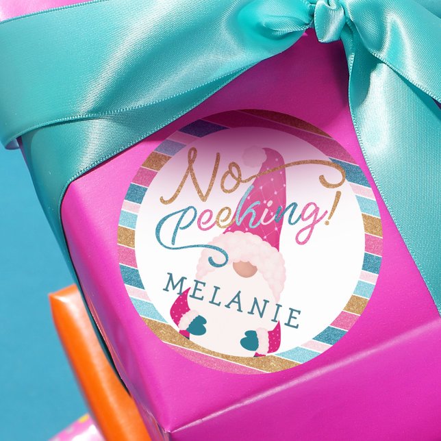 Adesivo Redondo Sem Glitter Brilhante Brilhante Gnomo Papai Noel (No Peeking Bright Glitter Stripe Gnome Santa Claus Classic Round Sticker)