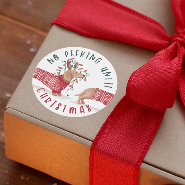 Adesivo Redondo Sem Pequim Até O Natal | Suéter De Cão De Dachshun (No Peeking Until Christmas | Dachshund Dog Sweater Classic Round Sticker)