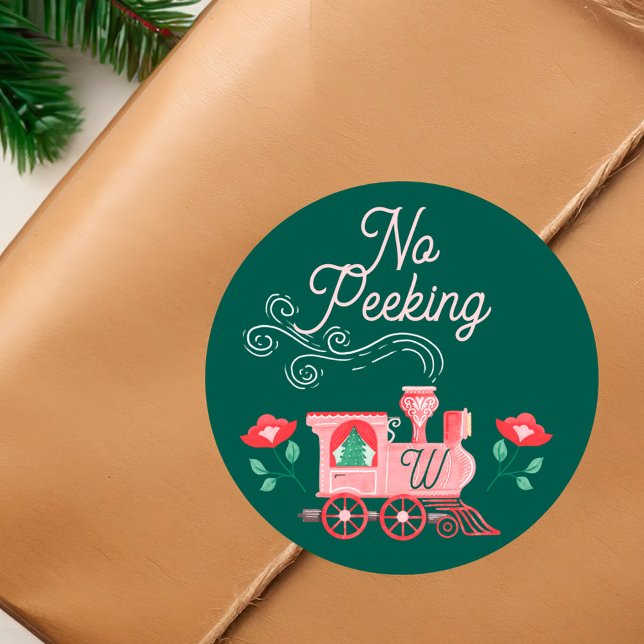 Adesivo Redondo Sem Um Monograma De Comboio Rosa Pioneiro (No Peeking Pink Vintage Train Monogram Green Classic Round Sticker)