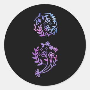 Adesivo Redondo Semicolon Prevenção Suicídio Sensibilização Flor T