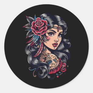 Adesivo Redondo Senhora cigana _ Estilo Boho _ Tatuagem Arte _ Tet
