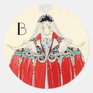 ADESIVO REDONDO SENHORA EM VERMELHO, FASHION COSTUME DESIGN MONOGR