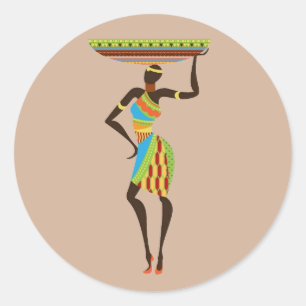 Adesivo Redondo Senhora tribal africana com arte tribal da cesta