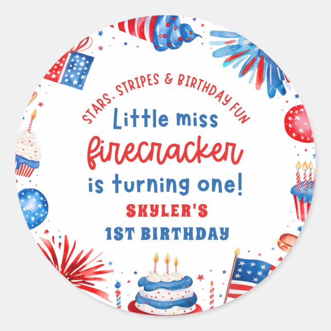 Adesivo Redondo Senhorita Firecracker 4 de julho primeiro aniversa (Frente)