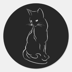 Adesivo Redondo Sentado Gato Negro Silhouette   Mão esboçada